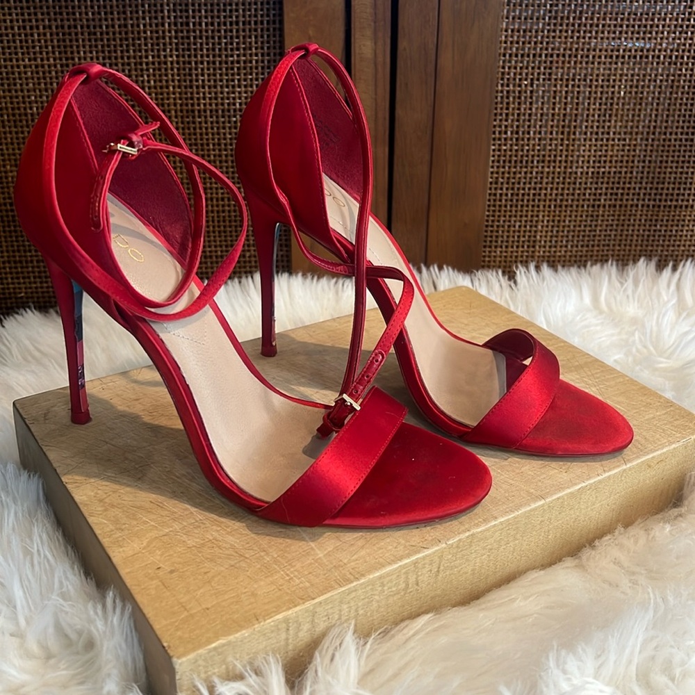 Aldo Red Satin One Strap Open Toe Wrap Heels